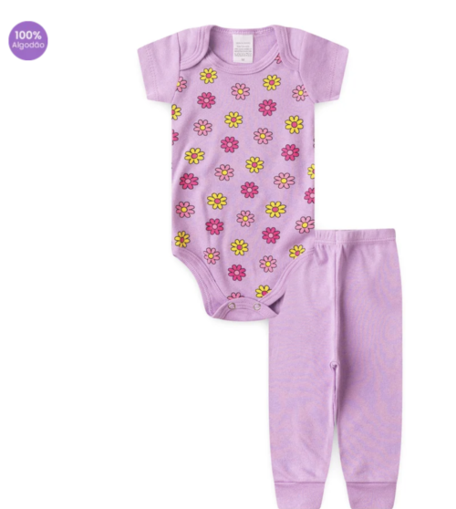 Conjunto Body Bebê Manga Curta Menina 2 Peças Flores Lilas - TonTon Kids